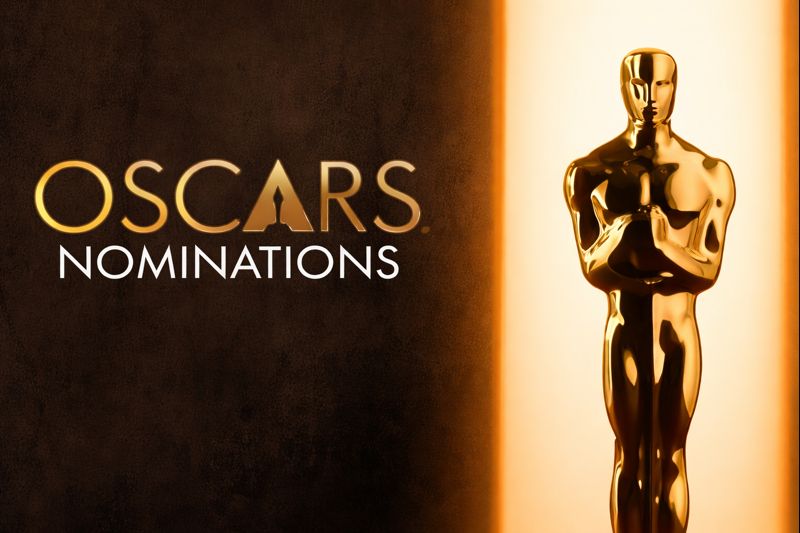 Graphic for the 98th Academy Awards featuring the text "OSCARS NOMINATIONS" in gold and white against a dark textured background, with a glowing golden Oscar statuette on the right.