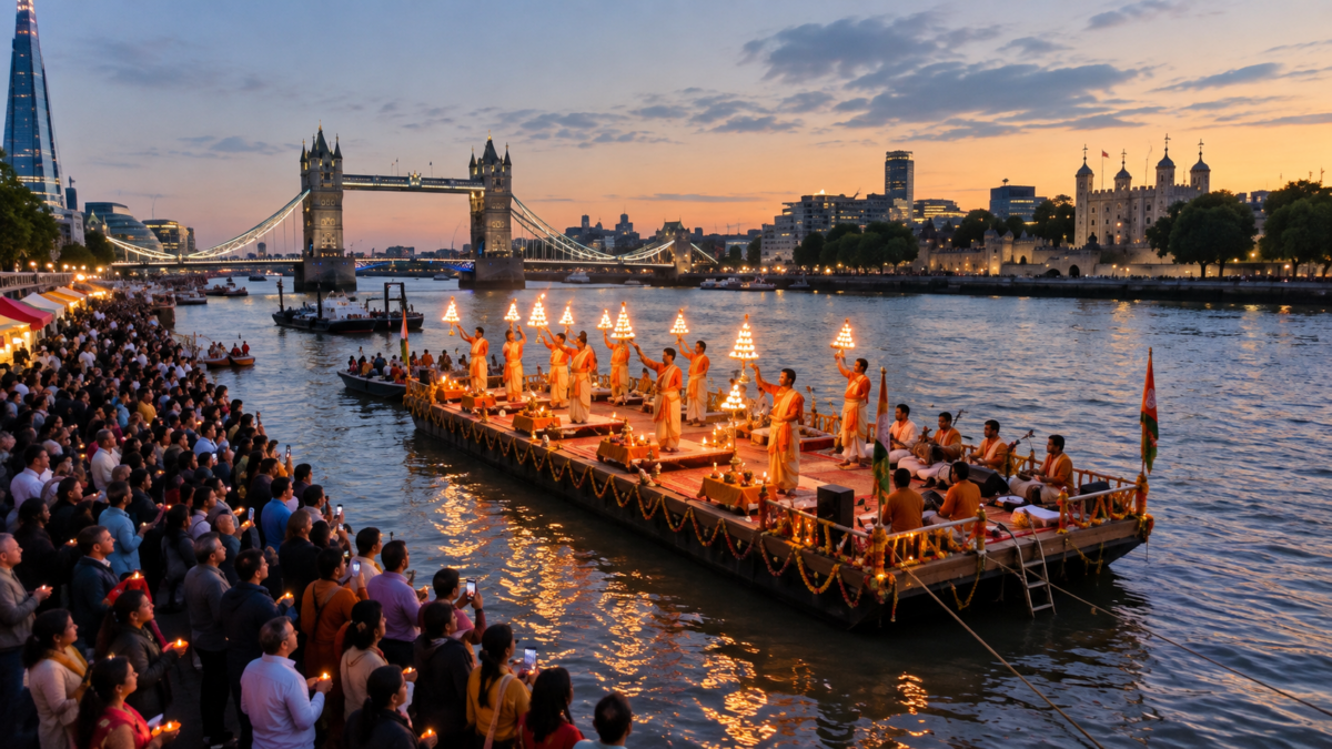 Ganga Aarti resonates on the banks of the Thames in London; message of environmental conservation conveyed alongside tradition.